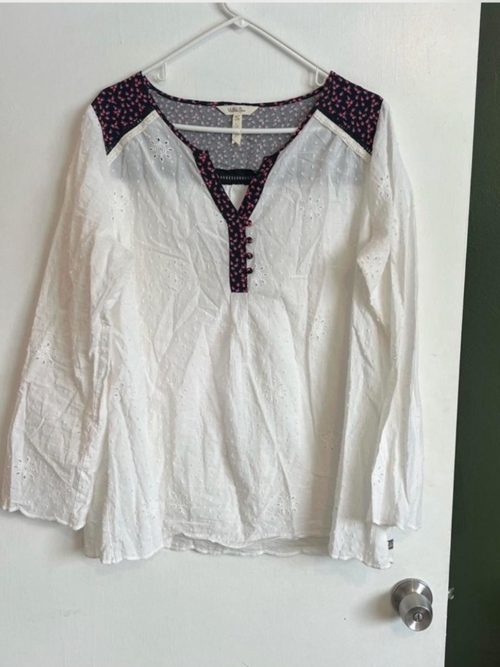 Matilda Jane White Eyelet tunic Blouse with Black and Pink floral Accents